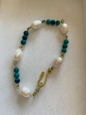 Handmade Freshwater Pearl & Turquoise Bead Bracelet - White & Teal